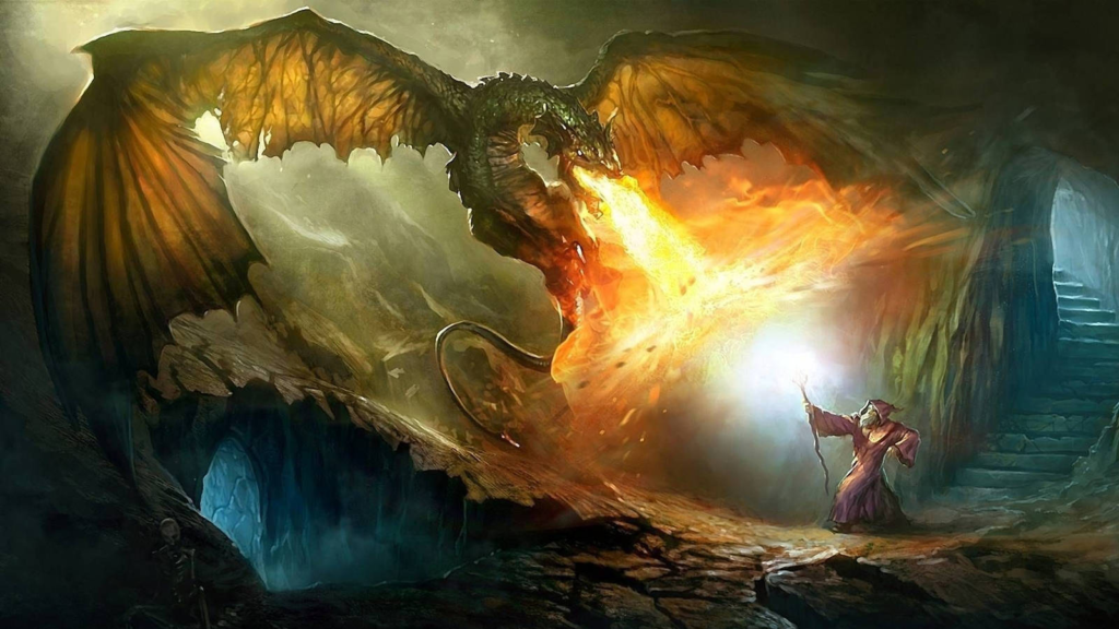 Dragon breathing fire on Wizard in Dungeons and Dragons