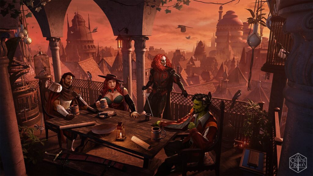 Critical Role Campaign 4 Schemers official art: Azune Nayar, Murray Mag'Nesson, Bolaire Lathalia, Halandil Fang